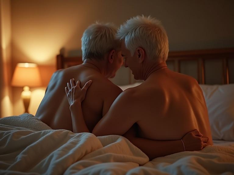 Soft intimate scene mature couple 50s warm cozy bedroom. One partner massaging back with lotion. Both relaxed connected. Calm affectionate sensual atmosphere. Dim lighting comfortable bedding peaceful mood. Semi-realistic style warm tones emotionally expressive.