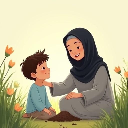 Children's storybook illustration depicting a kind mother and her curious son in a peaceful garden. Mother in soft black hijab and light gray abaya, smiling warmly as she gently places her hand on her son's shoulder. Son in light blue shirt, looking up with interest. Soft grass and flowers in background, gentle light. Empty space for Arabic text and featureless faces for modesty.