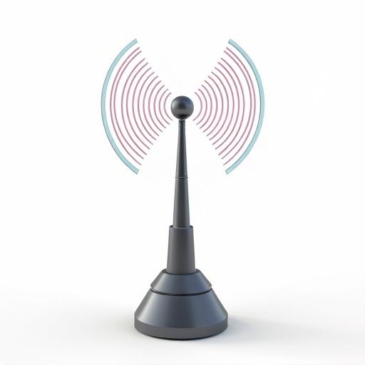 Antenna model emitting radio waves. It has a clean design with waves represented visually. The background is completely white.