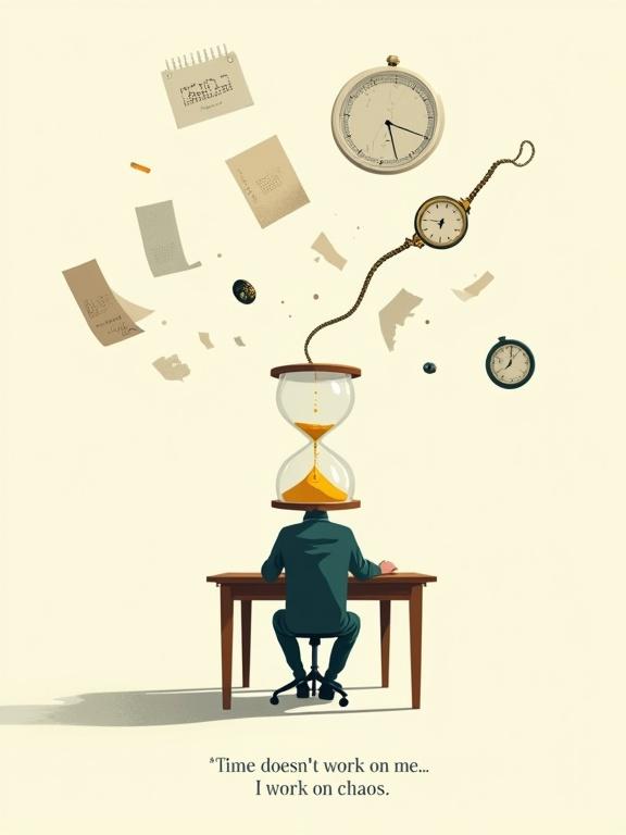 Surreal vector-style illustration with a figure at a desk in an endless white space. Figure has a cracked hourglass for a head. Golden sand leaks upward. Abstract time symbols surround the figure. Hands resting, posture poised but weary. Below the scene, a quote about time and chaos. Transparent background with 5% padding.