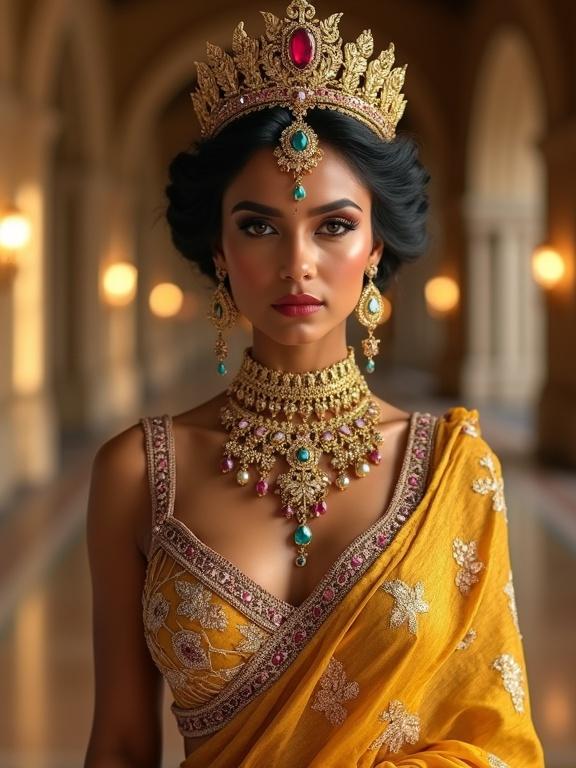 A royal Indian queen stands confidently in a palace hall. She has an hourglass figure with bold curves. Smooth, glowing skin with golden-beige undertone. Fierce expression with dramatic makeup and ruby red lips. Wearing a heavy golden crown with gemstones. Adorned with opulent jewelry. Golden embroidered blouse reveals her cleavage. Draped in a luxurious golden silk saree. Background features majestic arches and soft lighting.