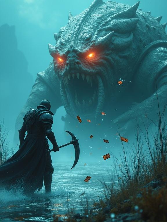 A lithe armored warrior swings a mystical scythe scattering holographic rune cards. The warrior faces a colossal bioluminescent crustacean beast in teal twilight waters. Waving sea-grass sways along with swirling particles and bubbles in a cinematic scene.