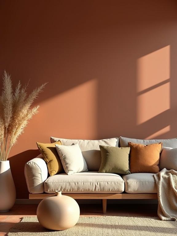 Warm and cozy living room with earthy tones. Includes terracotta walls, natural wood furniture, textured throw pillows, and a soft rug. Features dried pampas grass in a ceramic vase. Soft ambient lighting with shadows. Organic and serene aesthetic. Overlay text: 'Earthy Tones Living Room Vibe' in elegant serif font, centered with a soft drop shadow.