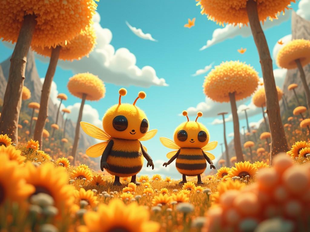 In a bright and colorful world, two cartoon bees explore a vibrant flower field filled with sunflowers. The bees have large, expressive eyes and a fluffy texture that enhances their cuteness. The background features whimsical trees and a clear blue sky with fluffy white clouds. This scene captures the joy of nature and the importance of bees in our ecosystem. It's a cheerful illustration meant to draw in viewers of all ages.