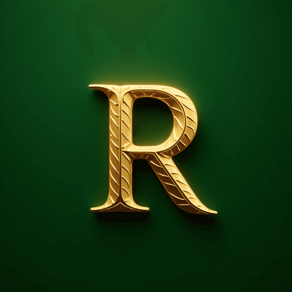 A luxurious golden letter 'R' with intricate engravings on a rich green background.