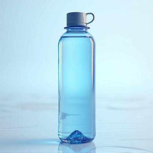 Futuristic 3D mockup displaying a stylish water bottle with a clear design and subtle blue tint.