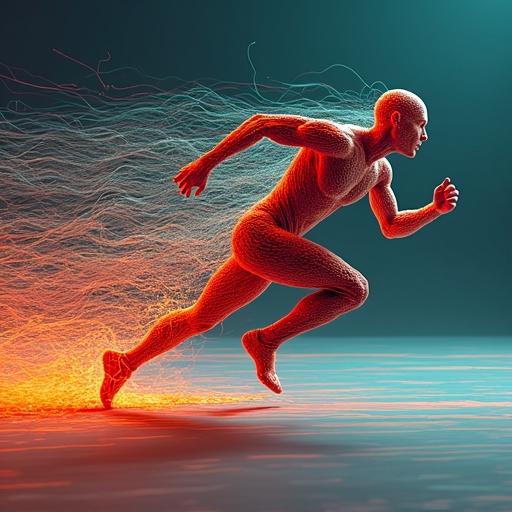 Create a hyperrealistic bust portrait of a person running at high speed. The figure's face and body should be composed entirely of parallel strings of thread. These strings follow the contours of the human face, creating an impression of depth. Behind the head, the strings dynamically swirl backward, creating a fluid trail that symbolizes speed. Colors blend together to emphasize emotional tension. The expression shows concentration and determination, with lighting highlighting contrasts between solid and fluid elements.