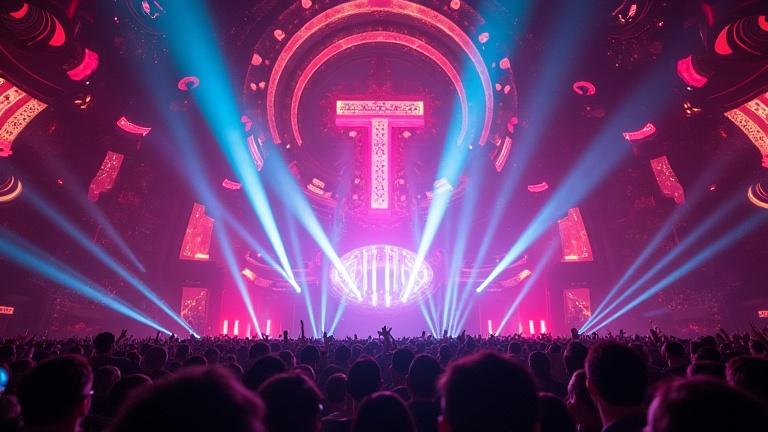 Vibrant EDM concert scene with colorful laser lights on an album cover featuring the text Techno DJ Beeftronixx.
