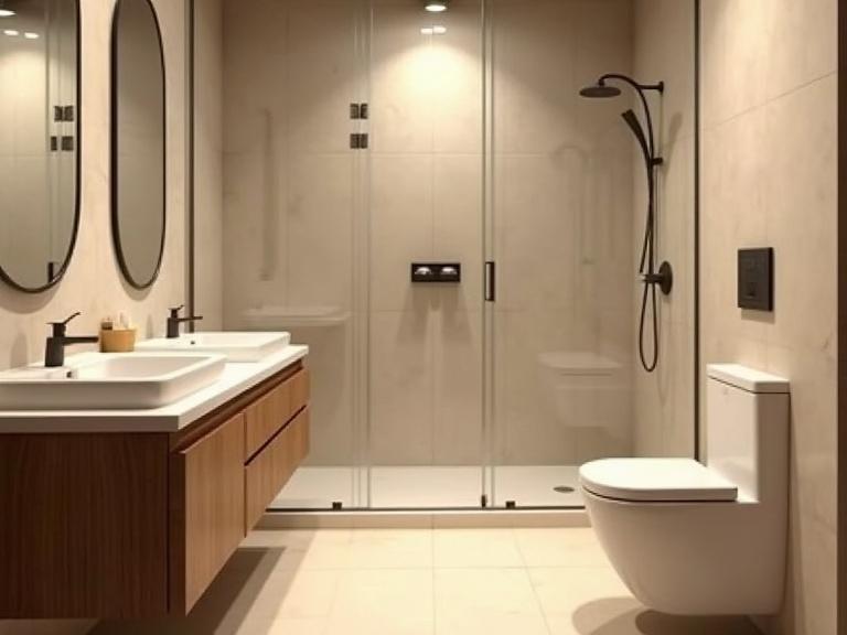 Small bathroom features central glass shower. Two wooden vanities with sinks and mirrors are on the left. Ceramic toilet is on the right. Beige tiles cover the floor. Warm indirect lighting creates soft shadows. The layout is realistic and cozy.