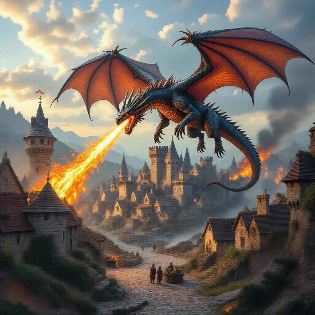 A medieval town depiction featuring a large fire-breathing dragon flying above the ruins. An ultra-detailed hyperrealistic scene with dramatic lighting and rich colors.