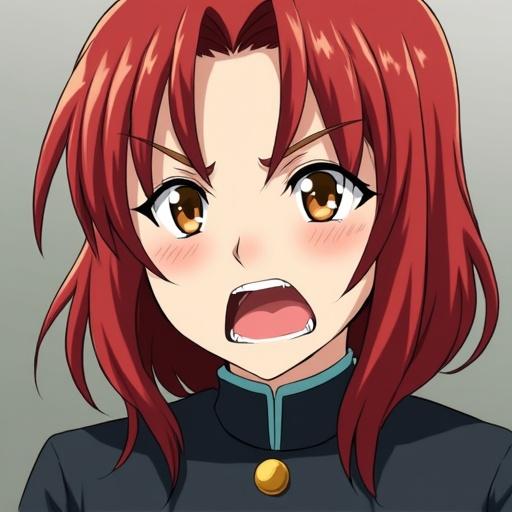 Japanese anime style female soldier aged 30 with medium red hair and parted bangs showing anger and surprise.