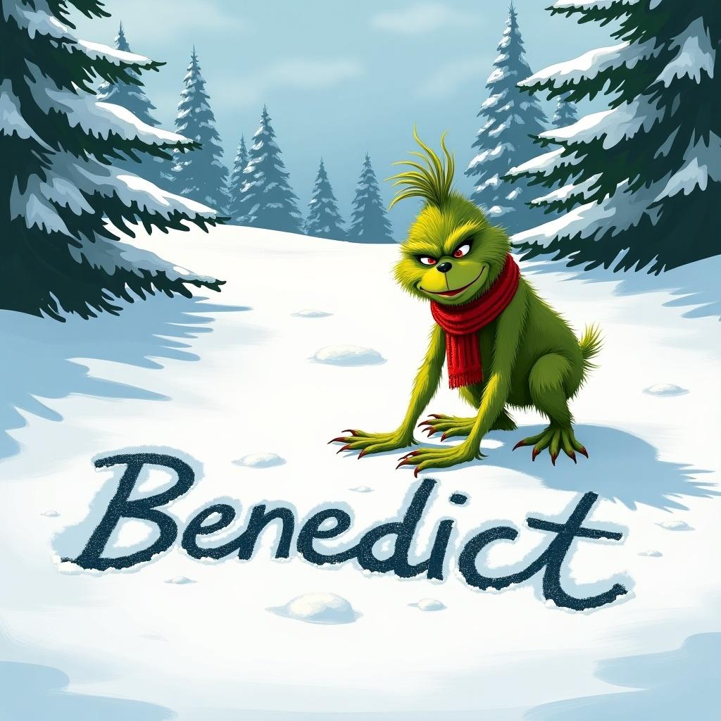 The Grinch is writing the name Benedict in the snow. The scene features snow-covered hills and evergreen trees. The Grinch has green fur and is wearing a red scarf.