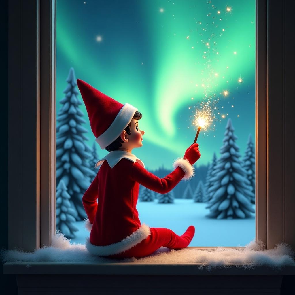 The image depicts a charming elf seated on a window ledge, facing away from the viewer. Dressed in a bright red suit with white cuffs, he holds a sparkling wand that emits twinkling sparks. Outside the window, the captivating northern lights dance in shades of green and blue in the night sky. Surrounding the elf are snow-covered pine trees, enhancing the wintry atmosphere. This enchanting scene exudes a magical holiday vibe, reminding viewers of the joy and wonder of Christmas.