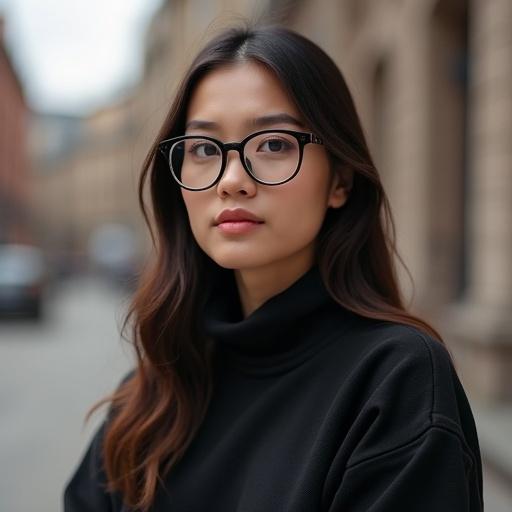 Half-view of a woman outdoors wearing glasses and a black sweatshirt. Focus on her face and upper body. Natural light with minimal distractions in the background.