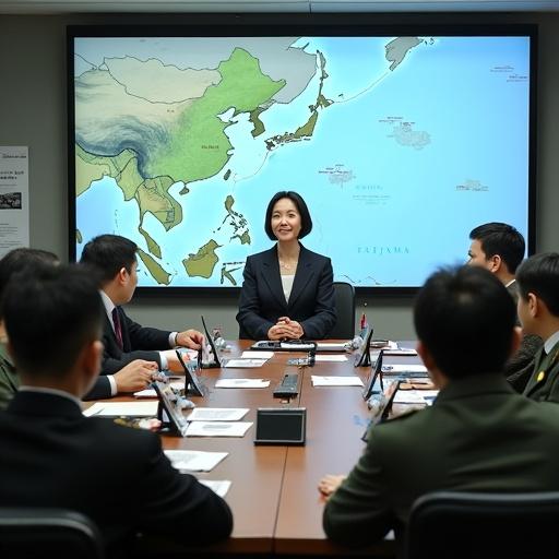 Taiwan leader in formal outfit at Taiwan Defense Command Center. Engaged in conversation with military advisors and foreign experts. Military maps and simulation data visible. Participating in Taiwan Strait Defense Wargame.