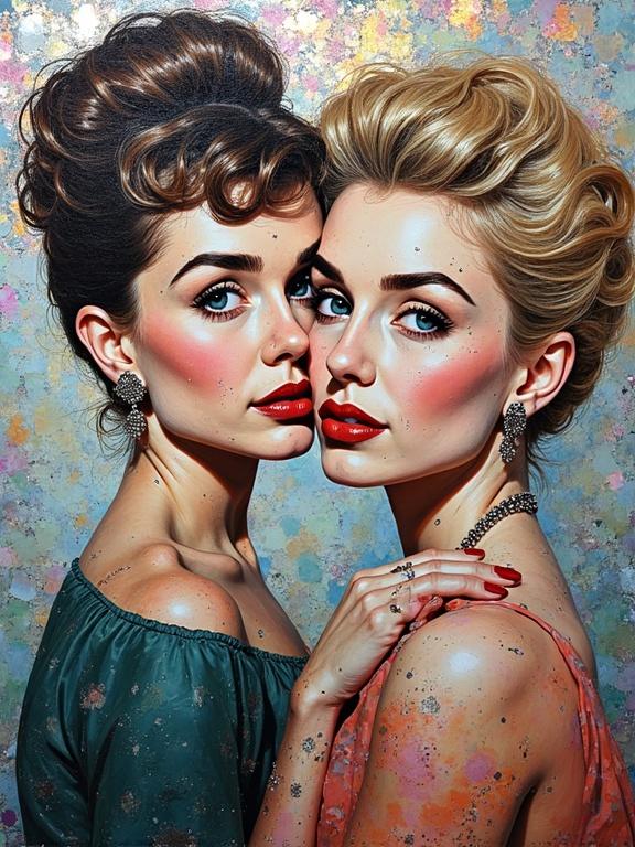 Ethereal abstract art featuring two women inspired by Audrey Hepburn and Marilyn Monroe. Encaustic mixed media style incorporates iridescent ceramic tiles and glass mosaic elements.