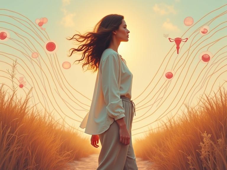 Artistic portrayal of a woman in her early 40s starting menopause. She walks through a symbolic landscape reflecting hormonal changes. Undulating lines show fluctuating estrogen and progesterone levels. Background blends warm and cool tones for emotional shifts. Woman wearing modern natural clothing looking forward with calm determination. Realistic portrait style with conceptual elements, soft lighting, earthy-pastel colors. Subtle symbols of biological clock ovaries menstrual cycles in background. Tone is introspective strong transformative.