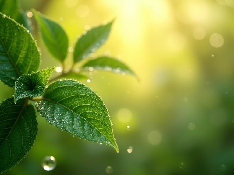 High-resolution hero image for luxury skincare website. Lush green leaves with dewdrops in golden light. Left two-thirds with detailed leaves in forest green and sage. Right third blurred with botanical silhouettes. Mood is fresh and luxurious. Delicate lighting and dreamy atmosphere.