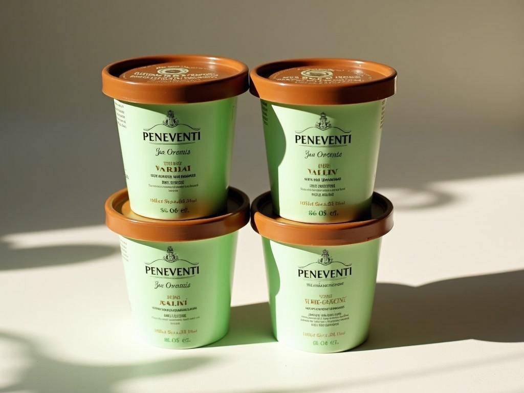 The image shows four small ice cream containers stacked in a stepped fashion. The containers are labeled with the brand name "PENEVENTI" and the flavor "VERDE MARTINI." Each container has a light green label and a brown lid. The labels include additional text indicating an establishment date and other branding details. The shadows on the ground suggest a light source from the left side, creating an artistic composition.