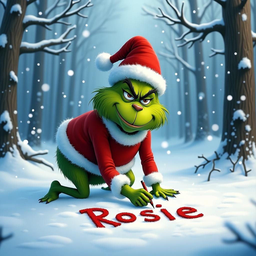 Image shows Grinch wearing Santa suit writing name Rosie in fresh snow. Snow is gently falling. Scene is surrounded by tall snow-covered trees. Grinch has a cheerful expression. Captures holiday charm and magic.