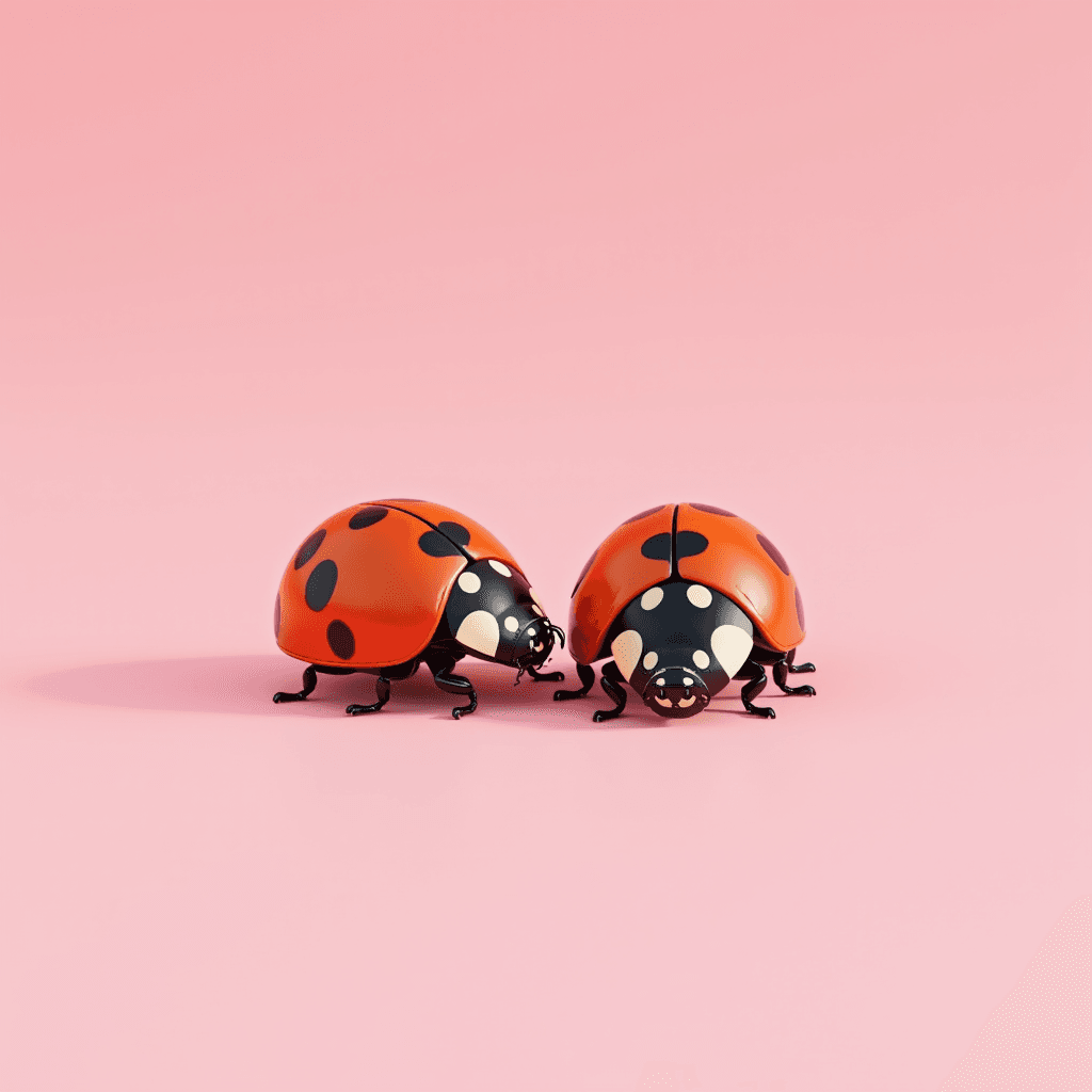 Two animated ladybugs with colorful shells on a soft pink background.