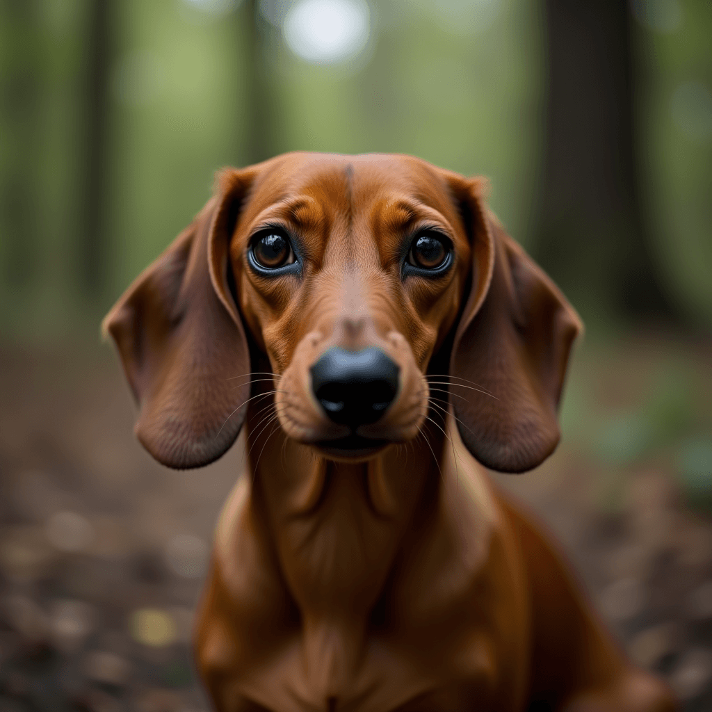 A close-up of a dachshund with soulful eyes against a blurred forest background.