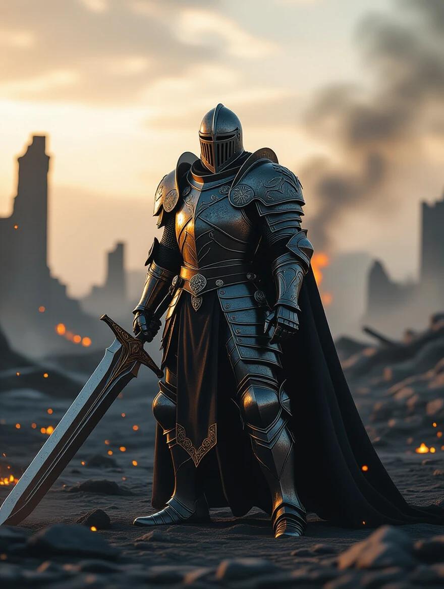 Armored knight stands on a scorched battlefield. Knight holds a greatsword. Ruins are in the background. Dramatic angle used for the shot. Cinematic lighting creates a moody atmosphere. Elements like embers and smoke add to the scene.