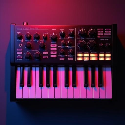Top view of a synthesizer piano featuring keys and control knobs highlighted with red and purple lighting.