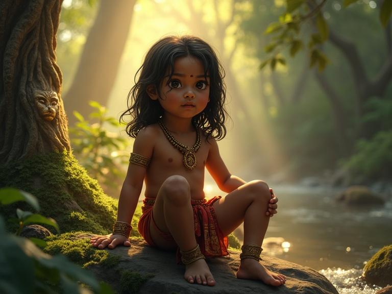 Young Indian boy with long black hair sitting on mossy rock beside a stream in mystical forest. Dressed in red and gold loincloth with golden ornaments. Calm and curious expression. Surrounded by shafts of golden light and ancient trees. Signs of royalty with lion sigil and glowing runes. Emotional warmth and fantasy setting.