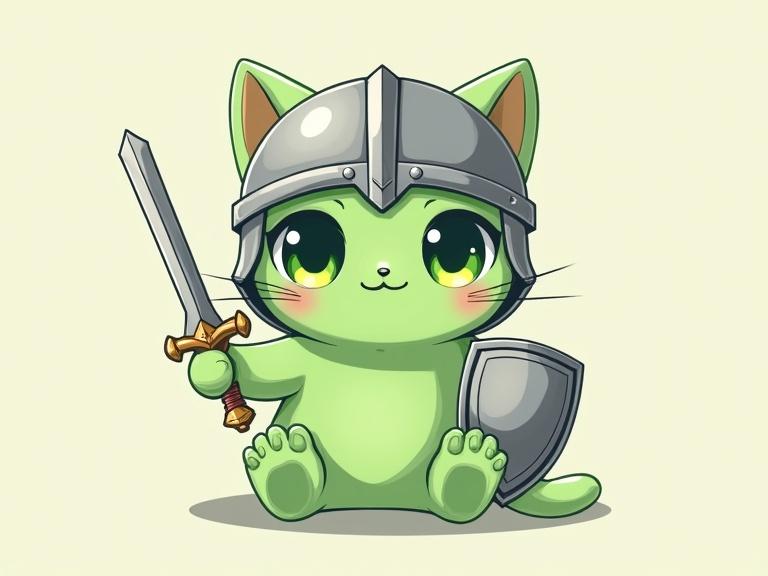 A kawaii anime ultra cute lime cat-slime with no legs. The cat has large green eyes and wears a silver helmet. It holds a miniature sword in left paw and a shield in right paw. The background is soft and neutral.