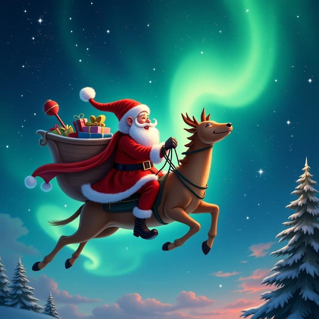 Santa Claus riding a reindeer in the sky under northern lights. Scene captures a festive holiday atmosphere with gifts in Santa's sleigh.