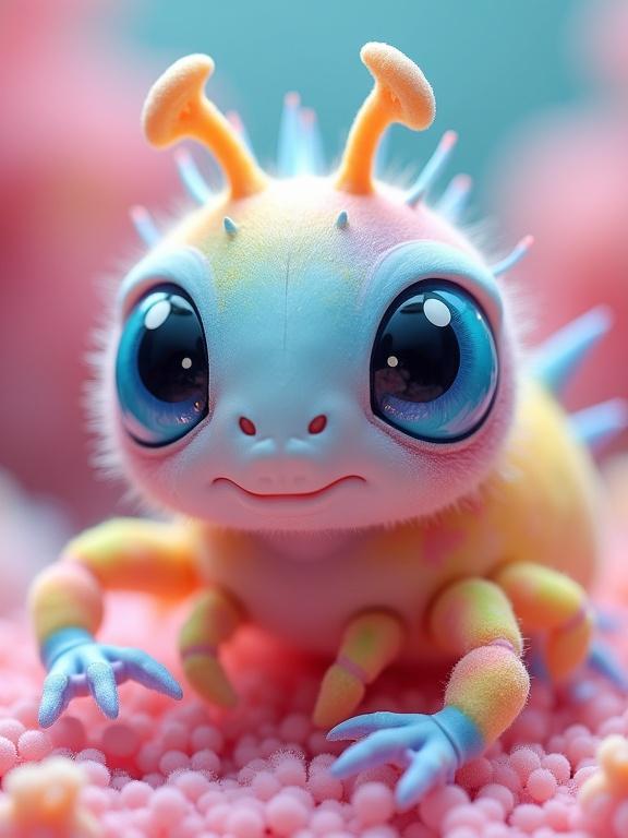 Image of a whimsical insect-like alien creature with pastel and neon colors. Features oversized blue eyes and a rounded head. Body is small and segmented. Protruding antennae and thin jointed legs. Surrounded by abstract organic shapes. Fuzzy textures and bumpy surfaces. Color palette includes pink, blue, lavender, and multicolor accents.