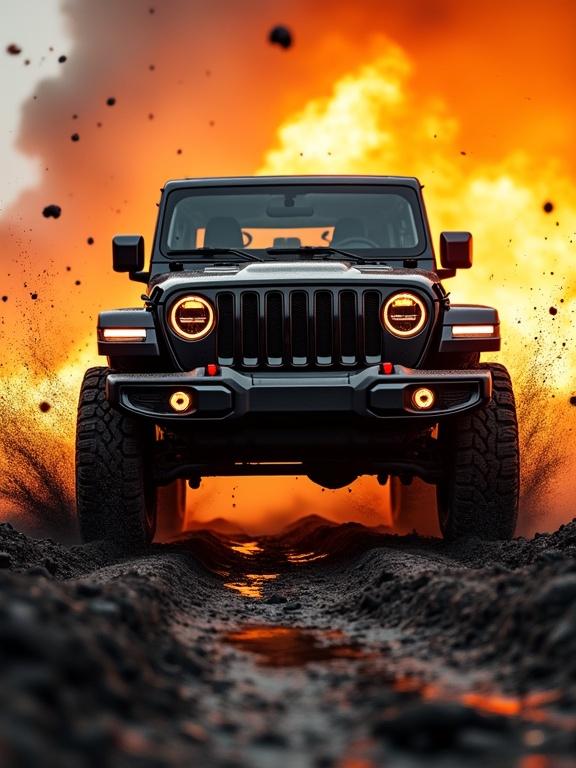 Hyper-realistic image of a black Jeep Wrangler driving aggressively through a scorched battlefield. A massive fiery explosion erupts in the background. The Jeep’s mud-covered tires and rugged grille are sharply detailed. Embers, smoke, and debris fill the air, illuminated by the orange inferno. The dark, cracked ground reflects molten elements, enhancing chaos. Dramatic lighting and dynamic camera angle with ultra-detailed textures and VFX-quality flames and smoke, in 8K resolution.