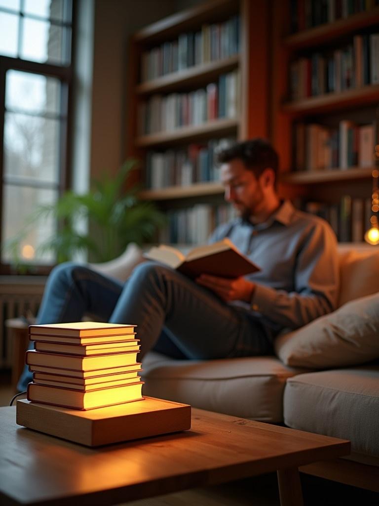 A cozy reading nook is shown in a spacious room. A lamp resembling a stack of books is in the foreground and emits warm light. The lamp is on a wooden table that matches the room's aesthetic. A man is seated on a plush sofa and is engaged in reading a book. The background has shelves filled with books, creating a peaceful literary environment. Large windows provide natural light, adding to the inviting vibe.