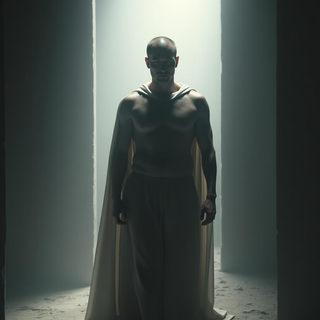 A silhouetted male figure wearing a cloak stands in a minimalistic environment. The background is illuminated by a strong light source. Undertones of strength and individuality are present.