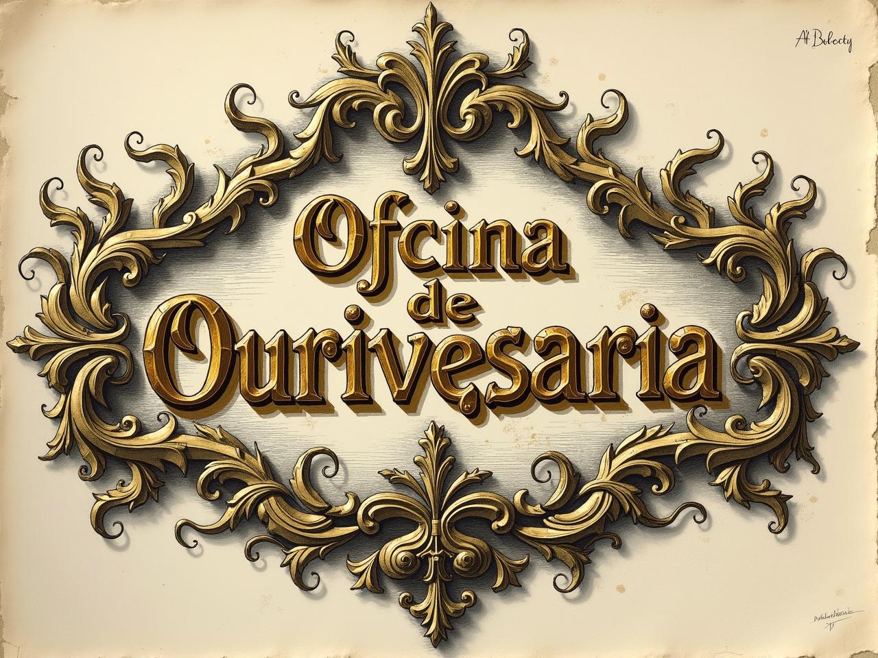 The image features an ornate sign that reads 'Oficina de Ourivesaria' in elegant gold letters. The letters are surrounded by intricate leaf motifs that enhance the decorative appeal. The overall color palette includes gold, black, and cream tones, creating a vintage yet sophisticated look. This signage style is reminiscent of traditional craftsmanship and artisanal jewelry making. The soft lighting adds depth to the relief elements, making the design pop. This image can be used for artistic or promotional purposes in the jewelry industry.