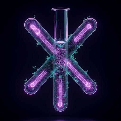 Vertical layout of a bio-pod structure featuring a central test tube. Letters in a custom font pulse like neurons. An 'X' shape is formed by three interconnected test tubes. Mycelial networks extend into gaming symbols like PlayStation. Vibrant purple and deep-space black colors create a bioluminescent effect with teal accents. Liquid simulation shows real-time game footage inside tubes with holographic lines.