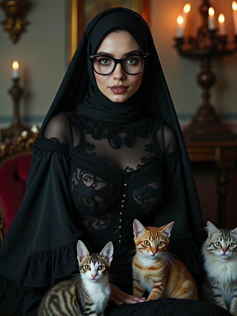 A stunningly beautiful witch in a hijab wearing thick glasses. The witch has a curvaceous figure and is dressed in an intricate gothic costume with lace and dark embroidery. She has sharp, piercing eyes and a sinister smile. There are cats of various colors around her. The setting is a dimly lit antique room with vintage furniture and flickering candles. The image is captured with an ultra-HD DSLR camera showcasing detailed costume and expression in a gothic atmosphere.