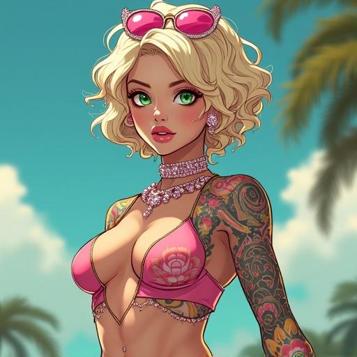 Anime woman character with emerald green eyes and diamond jewelry. Features light blonde curly hair and big breasts. Dressed in a sexy and edgy popstar outfit. Tattoos visible on arms. Positioned inside a modern music video.