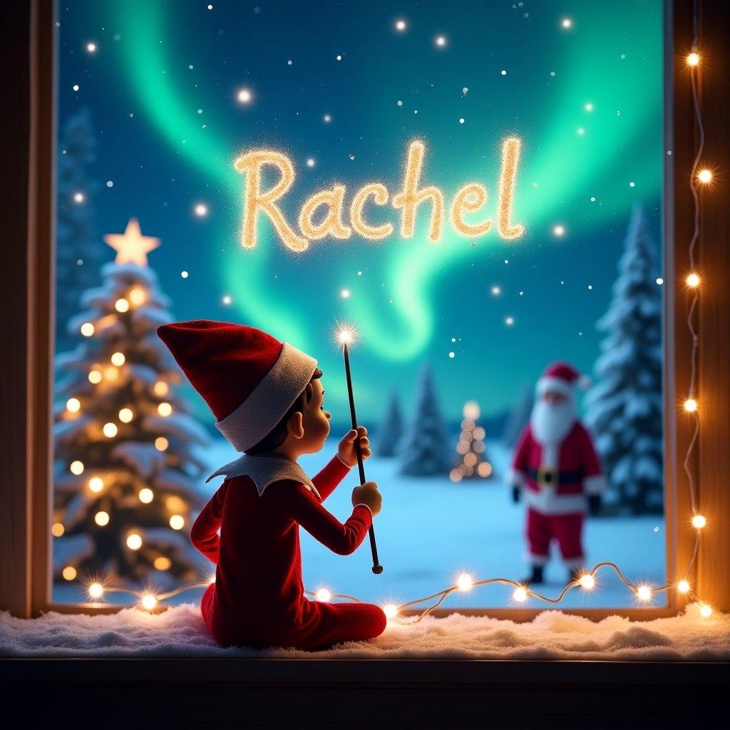 Scene depicting an elf on the shelf facing a night sky. Elf uses a wand to write 'Rachel' in sparkling letters. Background features Christmas trees and Santa Claus. Northern lights illuminate the scene. Magical and enchanting atmosphere with twinkling lights.