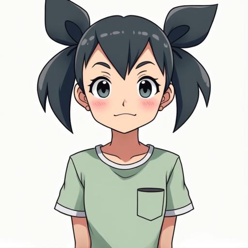 Character with pigtails wearing a light green shirt with a pocket. She has a cheerful expression. Background is simple and pale.