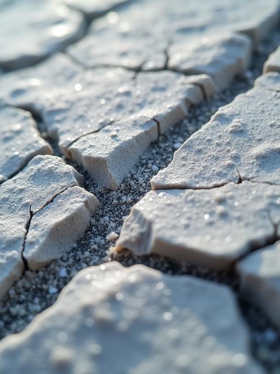 Extreme close-up view of freshly fractured light-gray granite. Crystal veins and mica flakes visible in sidelight. Studio lighting with high contrast and sharp focus, taken with 100 mm macro lens.
