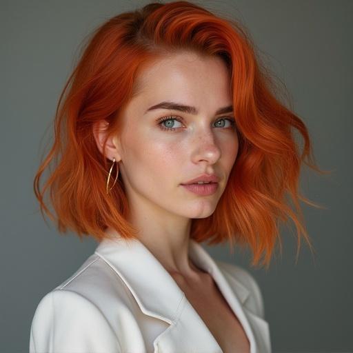 Portrait of a woman with medium-length orange hair. She has a neutral expression. Soft lighting highlights her face. She is wearing a stylish jacket.
