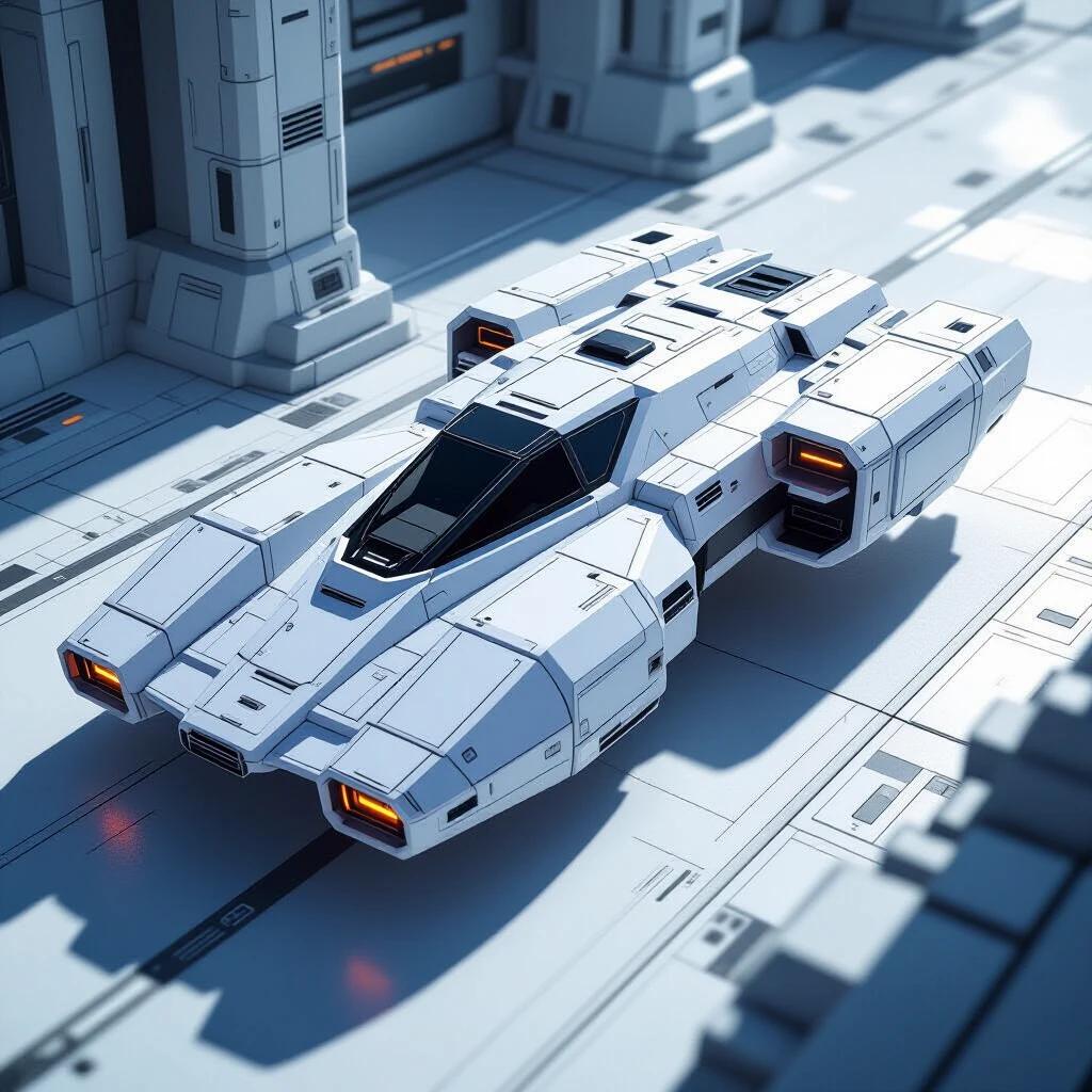 Sleek and blocky sci-fi hover tank with a flat rectangular shape and a bridge cockpit. The scene shows shadows and realistic textures on a sunny planet surface.