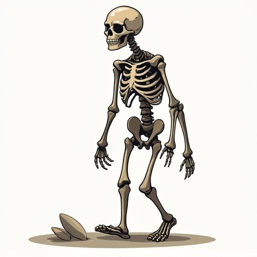 A cartoonish skeleton character walking in a playful, anime-inspired style. The character has exaggerated features with a cheerful expression, in a dynamic walking pose.