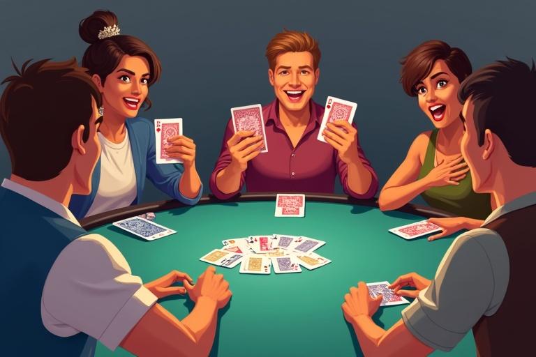Lively scene of individuals engaged in rummy. Characters seated around a table holding cards. Emphasis on strategic gestures with hands at chests. Modern cartoon style with slightly overhead camera angle. Characters display exaggerated expressions. Central card deck and discard pile present. Uniform marine-colored card backs. Discard pile shows top card. Include scorecards and chip stacks. Soft lighting for texture. Mood of friendly competition.