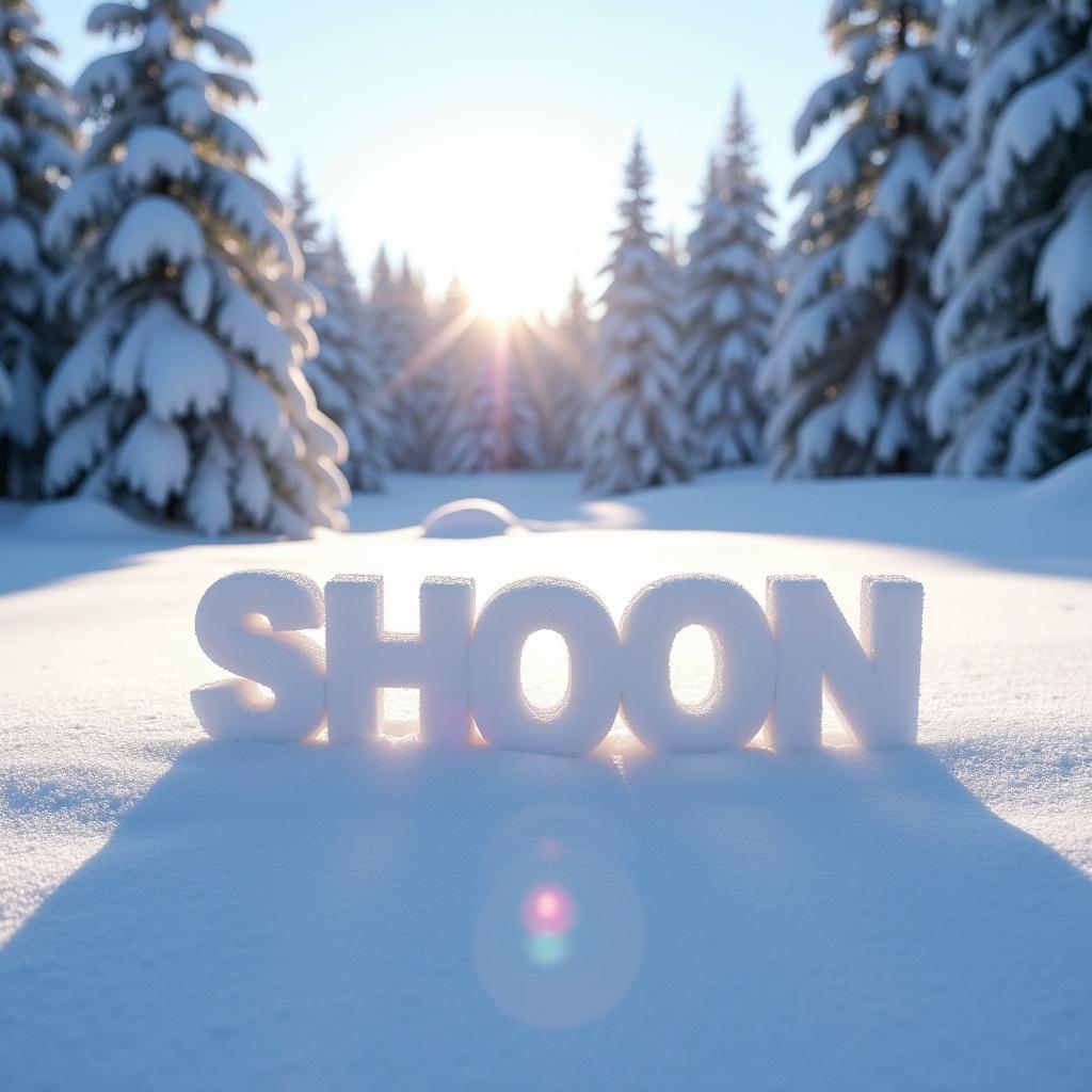 Name SHOON LIVE written in snow. Snow-covered trees in the background. Bright sunlight shining in the sky.