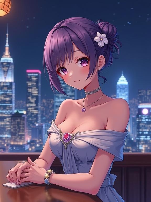 A matured adult lady in semi-anime style sits at a bar counter. The background shows high-rise buildings with a night view. She wears an off-shoulder shiny silver dress with chest decoration. An updo violet hairstyle features a white flower ornament. The expression is gentle and realistic.