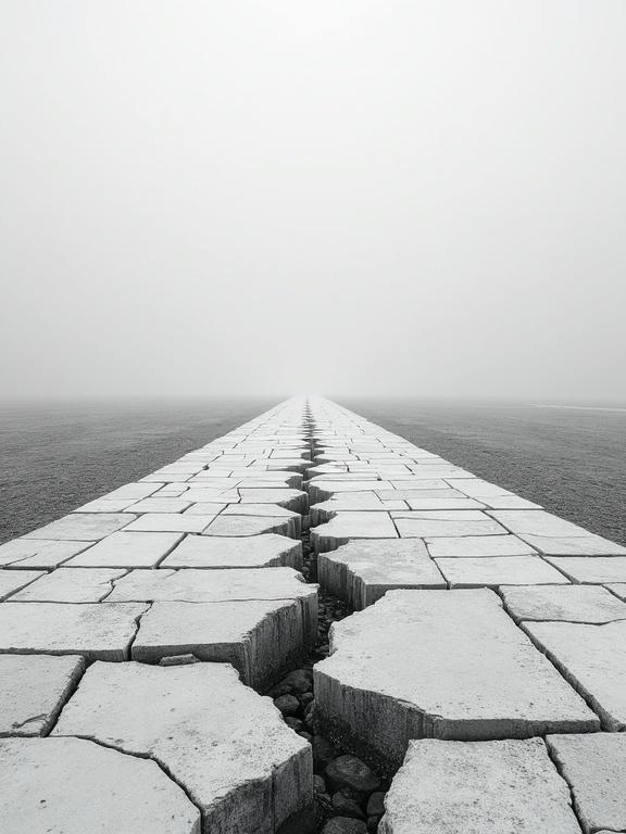 A cracked road split into concrete tiles. Each tile is shattered and jagged. The ground is flat and gray with endless geometric shapes in a grid. No natural light or shadow results in a dead monotone appearance. The road edges break into pixelated lines. The atmosphere feels distorted and surreal.