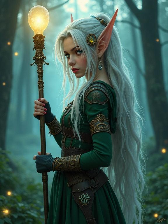 Art style features cel shading and lifelike textures. Scene depicts a female elf with silver hair and pointed ears in a green dress. She holds a glowing staff in a misty forest. Her green eyes shine with moonlight. Armor includes intricate carvings. Scene uses bold colors. Background shows atmospheric bokeh effects.